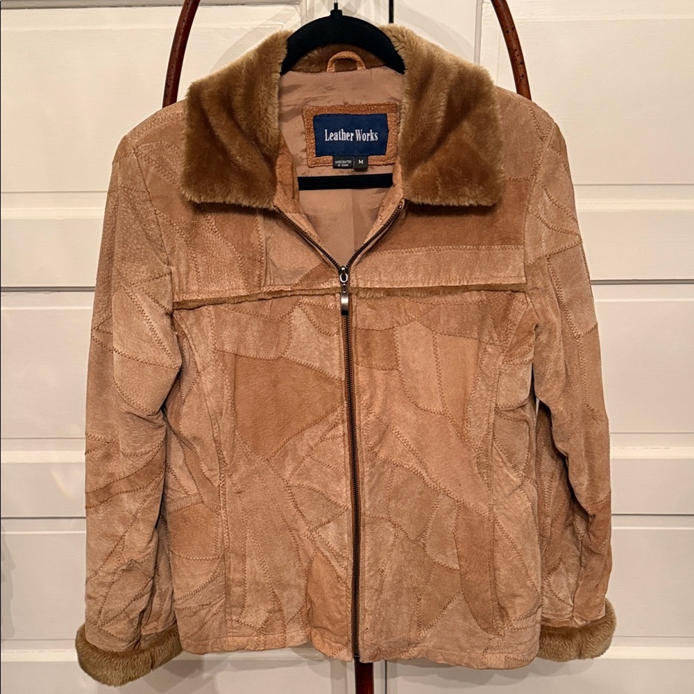 Vintage Suede Patchwork Jacket Faux Fur Collar Y2K Shearling Style